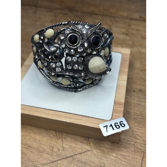 Vintage Silver-Tone Owl Cuff Bracelet With Rhinestones & Ivory Accents - Stateme - Picture 5 of 13